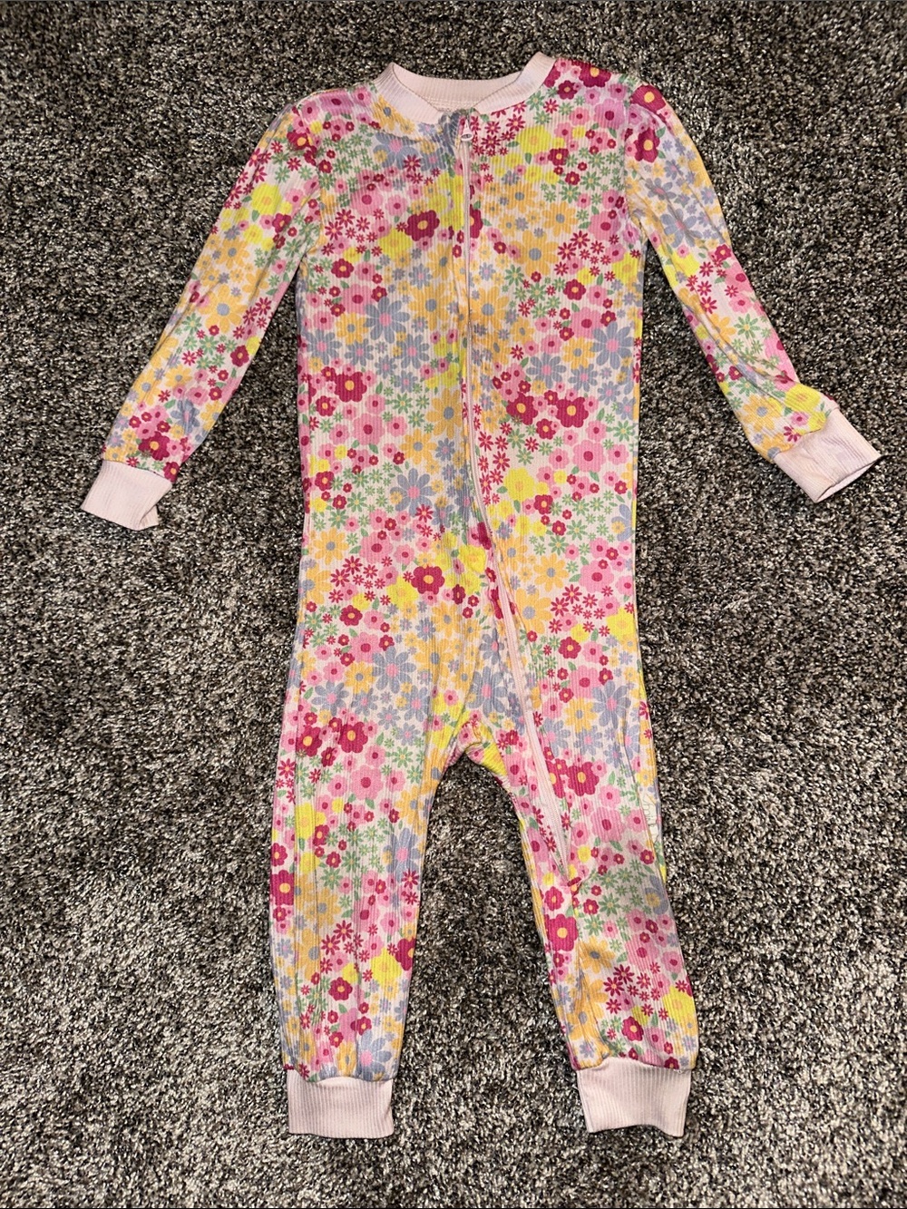 Girls Floral Ribbed Zip Footie One-Piece - Pink Multi